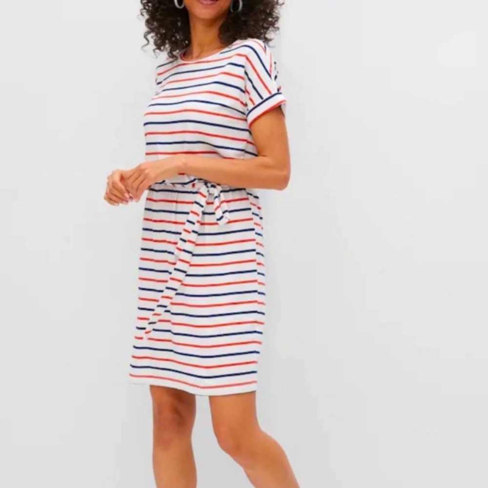 Banana Republic Striped Short Sleeve Belted T-Shirt Dress Blue/Red/White Medium